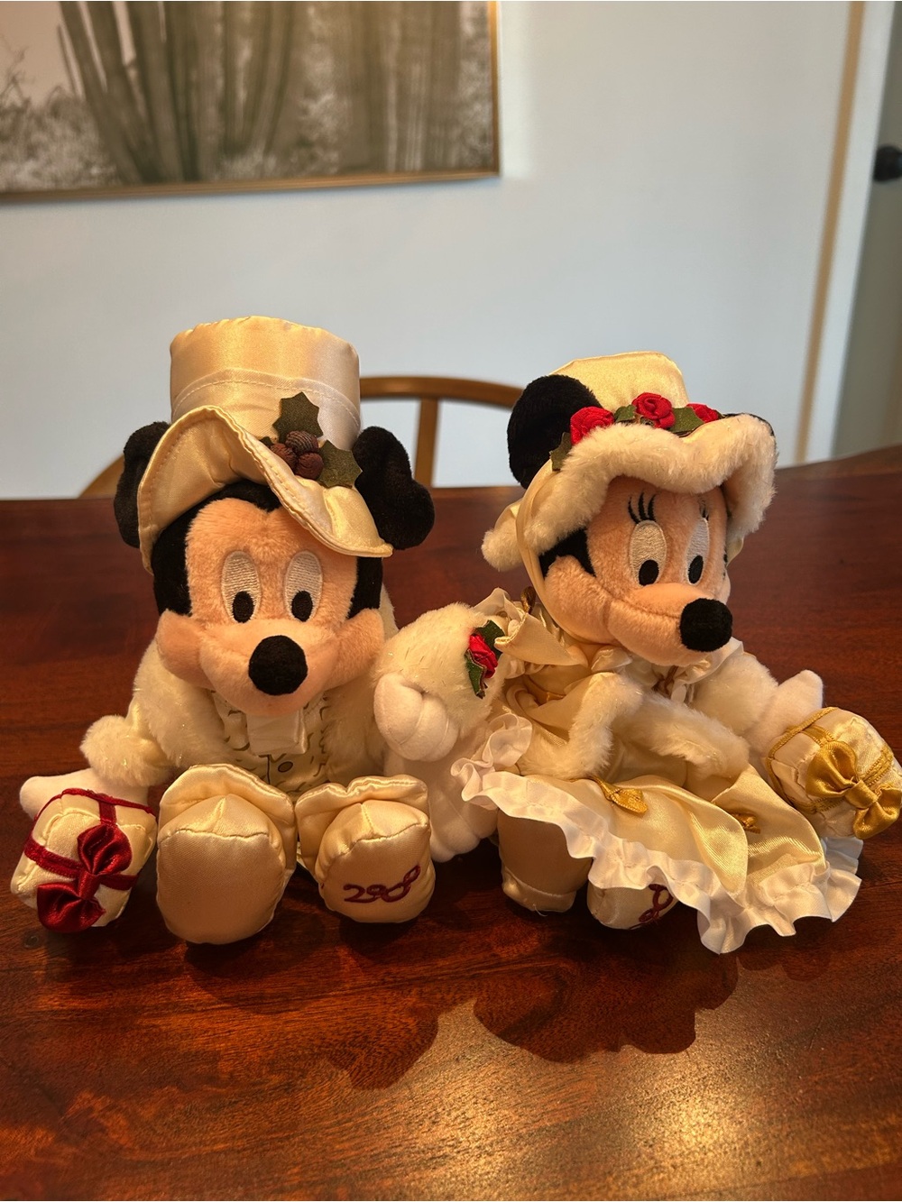 Vintage Mickey & Minnie Plush Holiday Couple in Cream and Gold